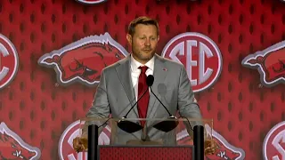 Arkansas head coach Ryan Silverfield on the main stage at SEC Media Days