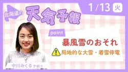 １月１３日火曜日　北海道の天気　ポイント「暴風雪のおそれ　局地的な大雪・着雪停電」