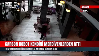 Robot waiter, unable to handle the workload, throws itself down the stairs!