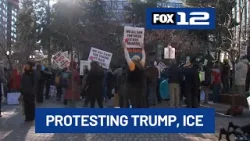People gather at downtown plaza to protest Trump, ICE in Portland
