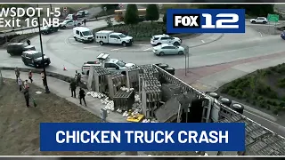 I-5 ramps in Clark County reopen after semi carrying chickens rolls over