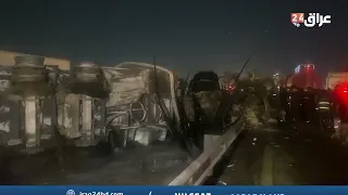 بعد إخماد النيران.. مشاهد لصهريج الوقود المنقلب غربي بغداد