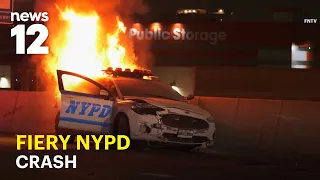 NYPD cruiser engulfed in fire moments after highway collision
