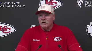 Chiefs head coach Andy Reid speaks to reporters before Chiefs head to Florida to take on the Dolp...