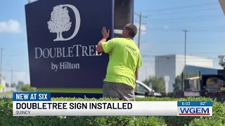 DoubleTree sign installed, replacing sing at Atrium Hotel on 3rd