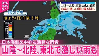 【日本海側中心に活発な雨雲】山陰～北陸、東北の広い範囲で雷を伴った激しい雨