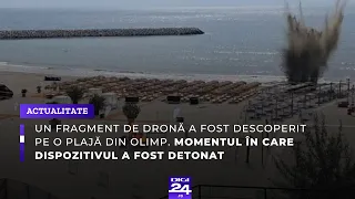Un fragment de dronă, descoperit pe o plajă din Olimp. Momentul în care dispozitivul a fost detona
