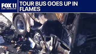 Tour bus goes up in flames on California freeway