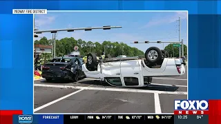 Pickup truck overturns in 3-vehicle crash that injures 3, officials say
