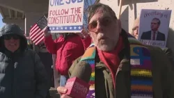 Protestors and counterprotestors outside Bath Iron Works