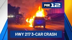 Fiery 3-car crash closes Hwy 217 South in Tigard for over an hour