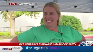 Husker volleyball coach Dani Busboom Kelly speaks at the LOVB Nebraska block party