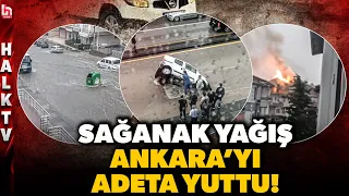 ANKARA SU ALTINDA! Yol çökünce araç çukura düştü, yıldırım yangın çıkardı! Kıyametten farksız anlar!