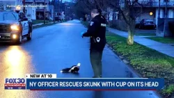 Офицер полиции Нью-Йорка спас скунса с чашкой, застрявшей у него на голове.