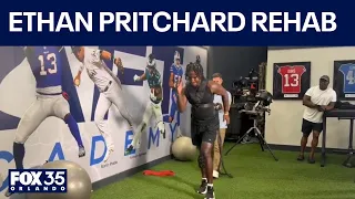 Florida State linebacker Ethan Pritchard training after head gunshot injury