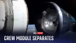 Модуль экипажа миссии Artemis II отделяется перед приводнением. Модуль экипажа миссии Artemis II отделяется перед приводнением.