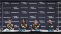 Игроки команды Idaho Vandals обсуждают поражение в первом раунде турнира NCAA от команды Houston.