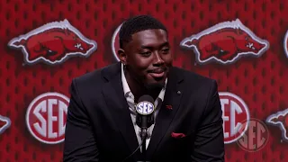 Arkansas defensive lineman Quincy Rhodes Jr. speaks at SEC Media Days