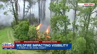 Wildfire impacts visibility on I-10 near U.S. 301 on Friday