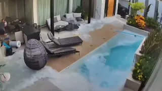 El agua de una piscina se convierte en testigo del poder del terremoto en La Guaira, Venezuela.