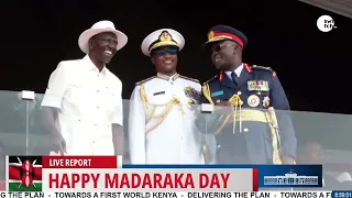 President William Ruto enjoys a spectacular military air show during Madaraka Day celebrations