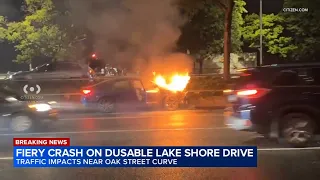 Vehicle catches fire on DuSable Lake Shore Drive near downtown Chicago, video shows
