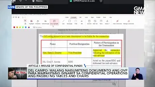 Tables at upuan ng OVP, walang resibo, pruweba na ginamit sa confi activities - Del Campo | GMA News